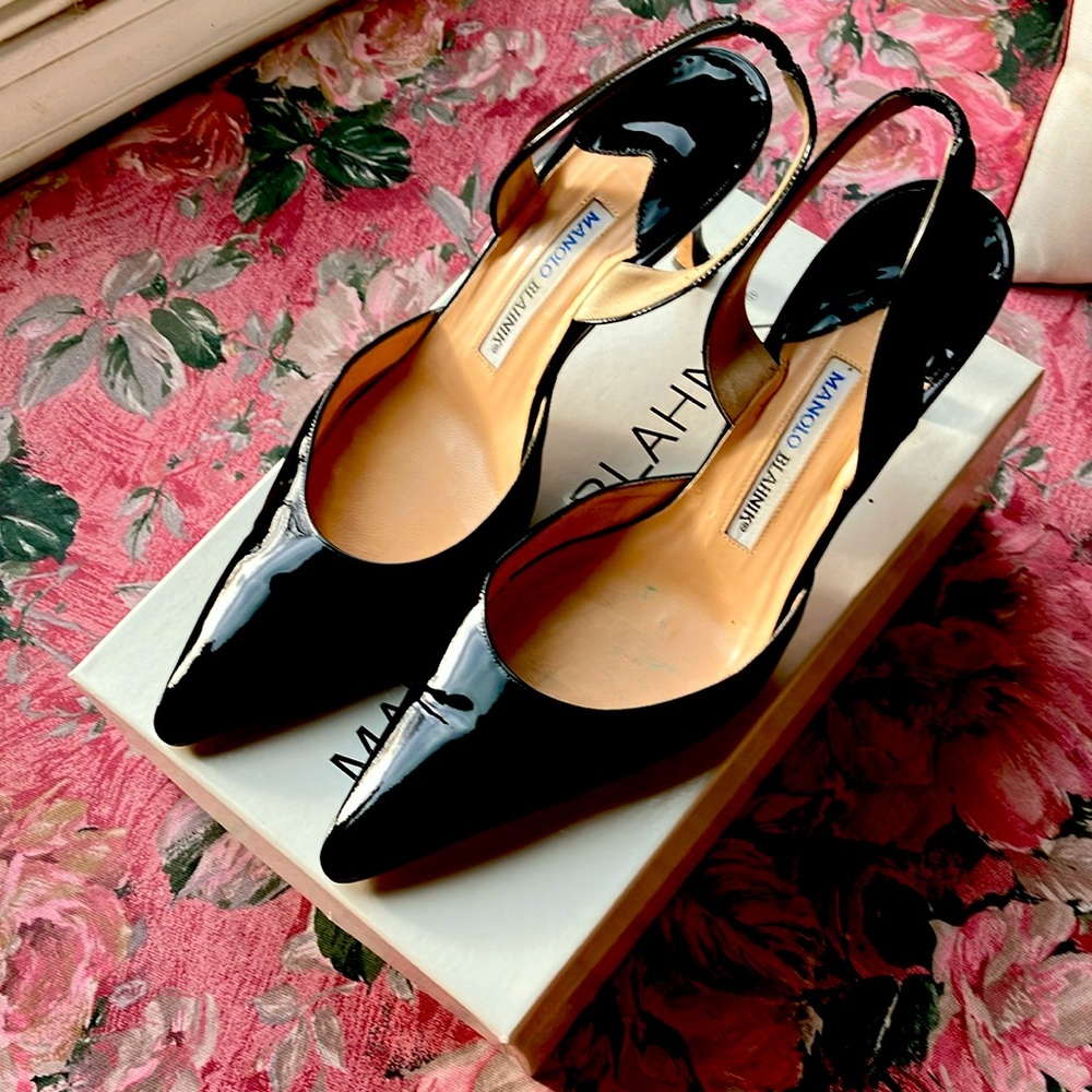 Black Patent Manila Blahnik heeled sling backs